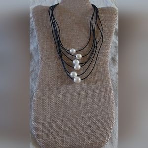 Handmade White Pearl And 6-String Black Leather Necklace